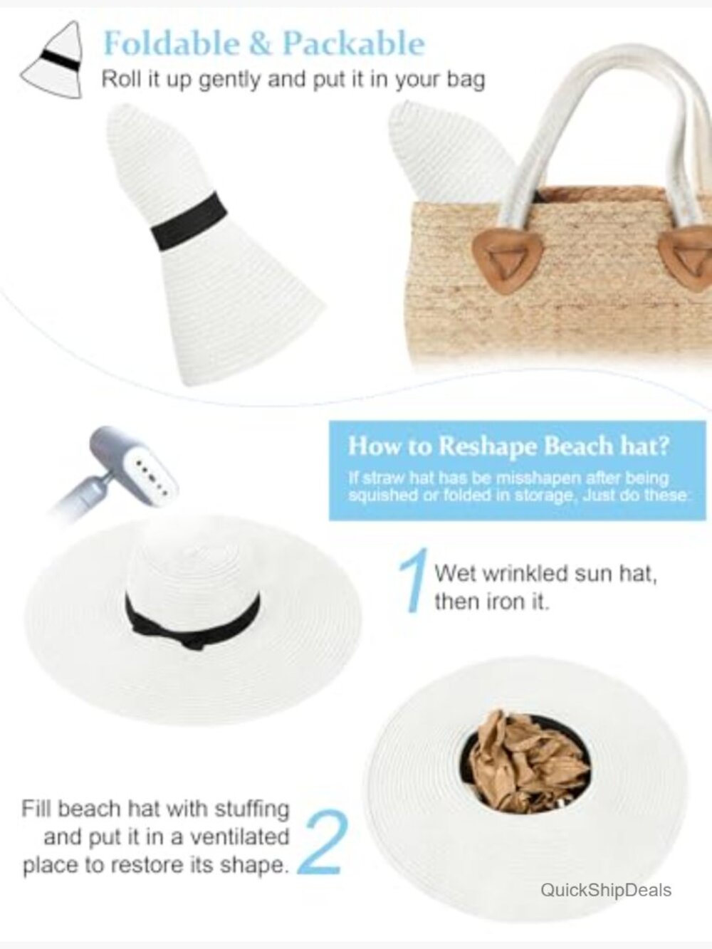 Oversize Wide Brim Floppy Straw Beach Hat UPF 50+ Foldable Roll-Up Sun Hat - Picture 3 of 7